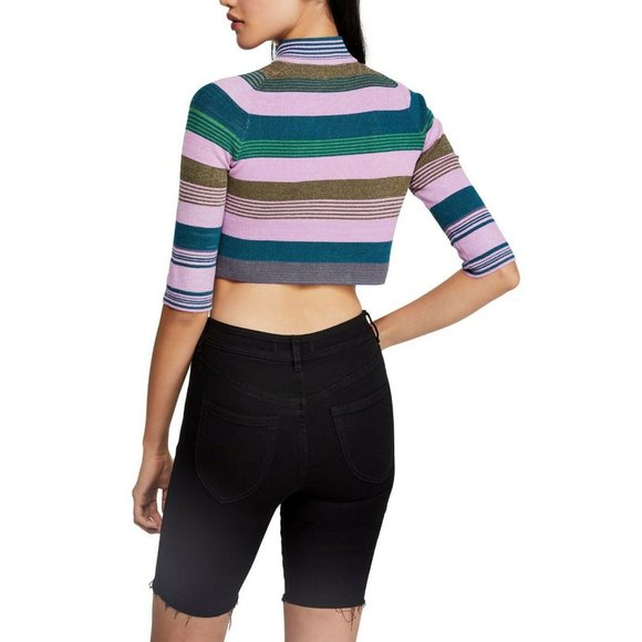 Free People Mock Neck Striped Crop Knit Top Size XS - Picture 4 of 12